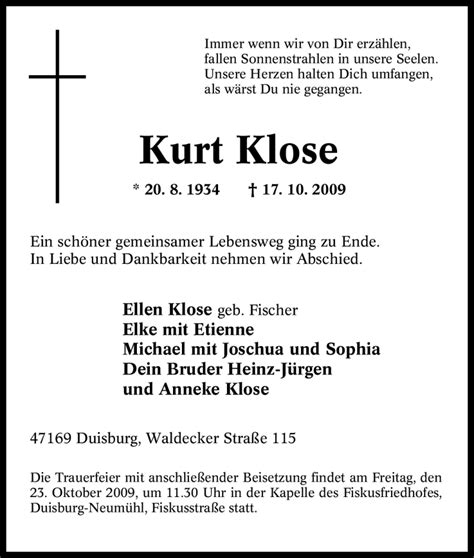 Traueranzeigen Von Kurt Klose Trauer In Nrw De