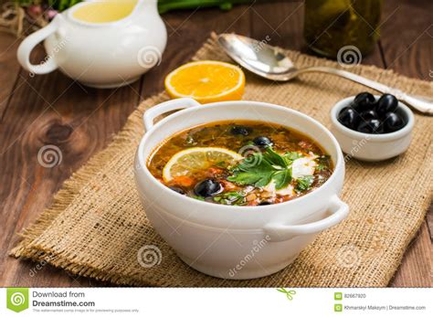 Solyanka Russian Dishes Soup On A Steep Meat Broth With Hot Spices