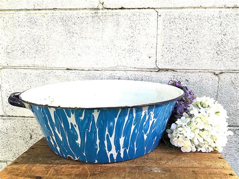 Enamel WASH BASIN Vintage Blue And White Swirl Enamelware