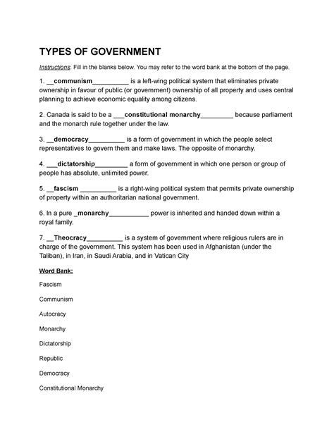 Types OF Government - TYPES OF GOVERNMENT Instructions : Fill in the