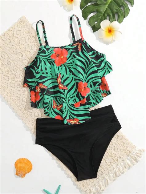 Shein Tween Girl Tropical Print Layer Hem Bikini Swimsuit Shein Uk