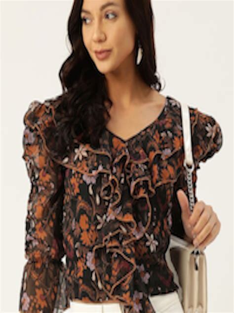 Buy Dressberry Black Floral Printed Bell Sleeves Ruffles Chiffon Crop