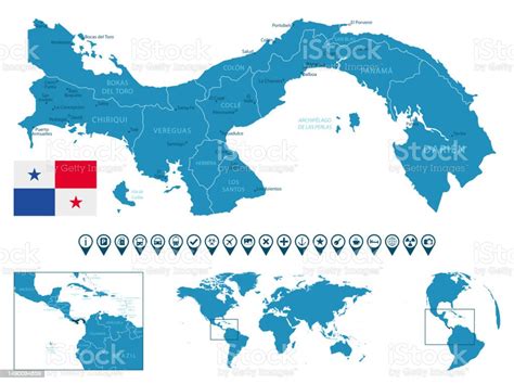 パナマ 都市地域世界地図と地球上の位置と詳細な青い国の地図インフォグラフィックアイコン アイコンのベクターアート素材や画像を多数ご用意