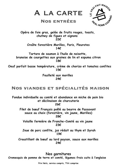 Menu Au Auberge Restaurant La Source Bleue Cusance Vge Du Val