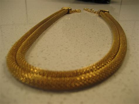 Vintage Monet Double Strand Necklace Gold Tone Metal Gem