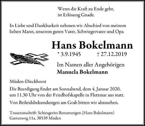 Traueranzeigen Von Hans Bokelmann Trauer Anzeigen De