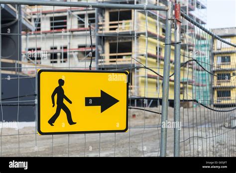 Detour Road Sign For Pedestrian Sidewalk Near Construction Site Stock