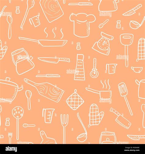 Cooking Utensils And Kitchen Tools Seamless Background Doodle Vector