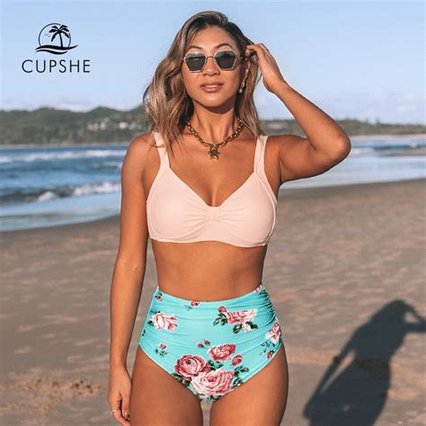 Cupshe Pink And Green Floral High Waisted Bikini Sets Women Heart Neck