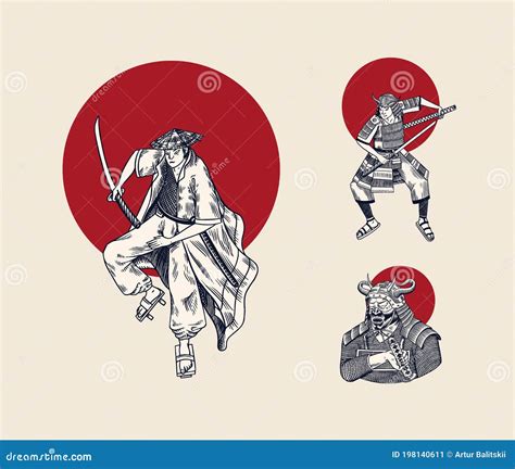 Samurai Japon S E Sol Vermelho Guerreiros Esbo O De Armas Homens Em