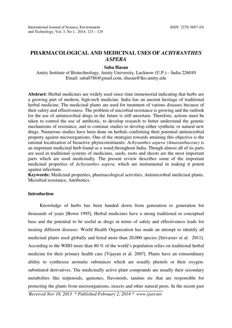 (PDF) PHARMACOLOGICAL AND MEDICINAL USES OF ACHYRANTHES ASPERA