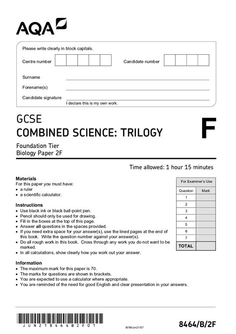 Aqa Gcse Combined Science Trilogy B H Biology Paper H Mark