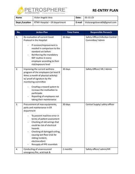 Re Entry Plan VA Safety Officer RE ENTRY PLAN Name Victor Angelo