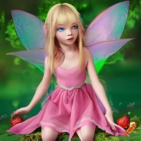 Image Of A Beautiful Pixie Fairy With Green Wings And Strawberry