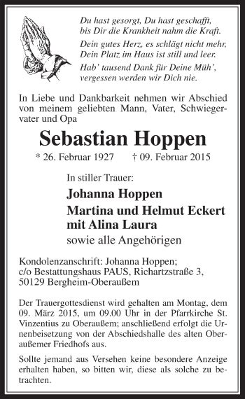 Traueranzeigen Von Sebastian Hoppen Wirtrauern