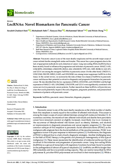 Pdf Lncrnas Novel Biomarkers For Pancreatic Cancer