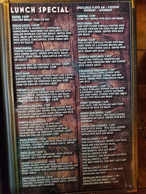 Menu at El Acapulco restaurant, Pocahontas, US-67