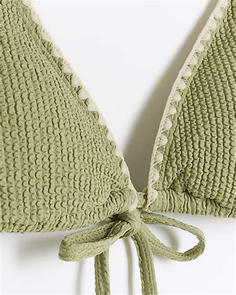 Khaki Crinkle Stitch Triangle Bikini Top River Island