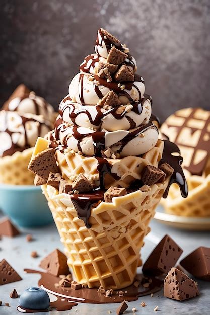 Premium Ai Image Ice Cream With Chocolate Sauce And An Ice Cream Cone Ai Generated