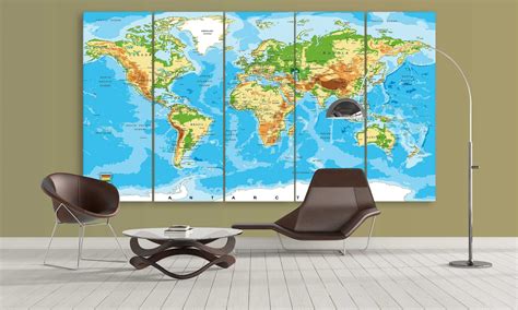 Blue Elevated World Map – World Map 5 Panel Canvas Art Wall Decor ...