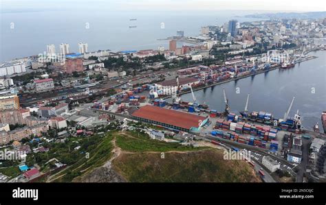 Top view. Vladivostok Commercial Sea Port. Industrial port with ...