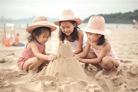 Premium AI Image Asian Girls Sisters Or Friends Building Sand Castle