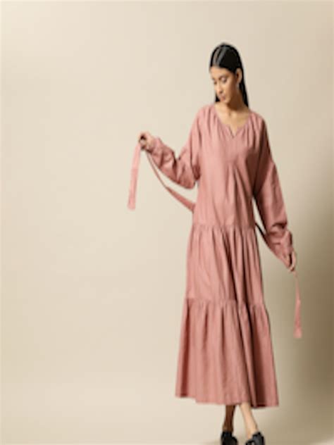 Buy Bower Women Dusty Pink Linen Cotton A Line Midi Tiered Dress With Belt Dresses For Women