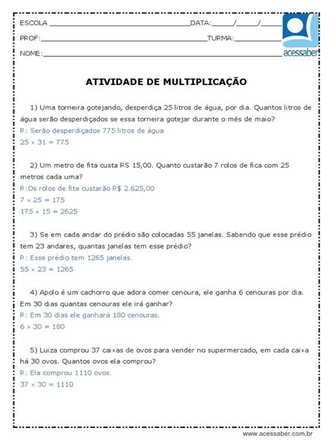 Contas De Multiplicação 5 Ano Com Respostas - Atividade de Matematica Multiplicacao 5 Ano Respostas | PDF