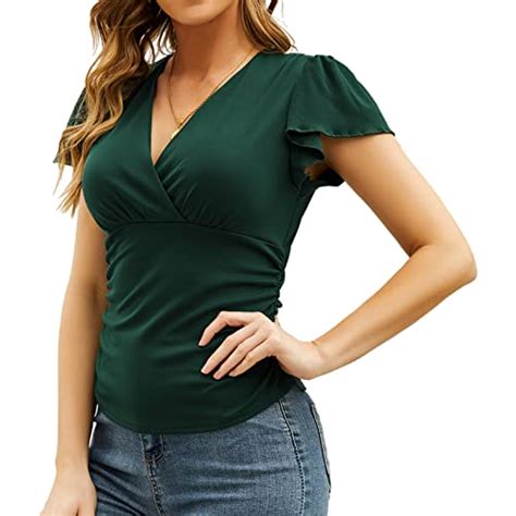 Women S Cross Front Deep V Neck Low Cut Shirt Ruched Short Ruffle Sleeve Plunge Sexy Blouse Slim