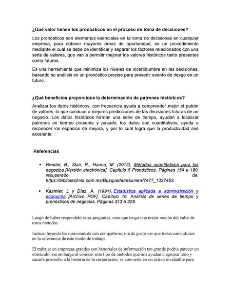 Actividad 5 FORO DE Discusion Qué valor tienen los pronósticos en el