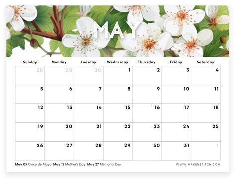 May Calendar Free Printable Makenstitch