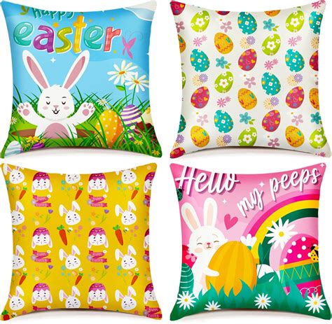 Easter Pillow Covers 18x18 Set Of 4 Cartoon Easter Bunny Eggs Throw Pillow Covers