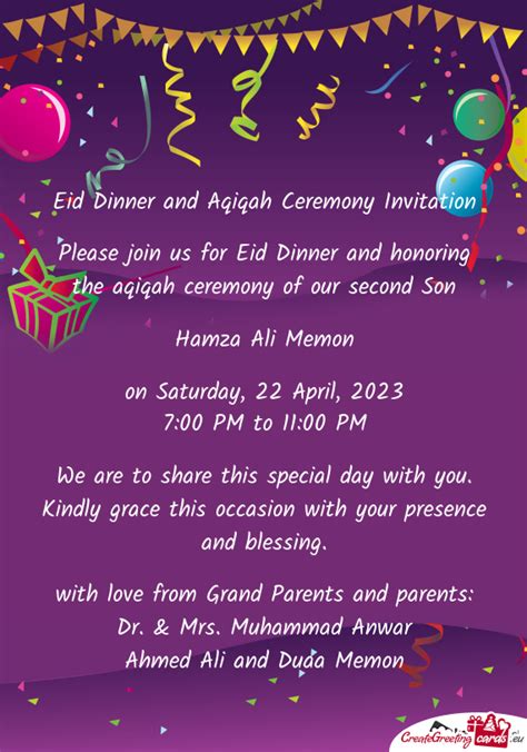 Eid Dinner And Aqiqah Ceremony Invitation Free Cards