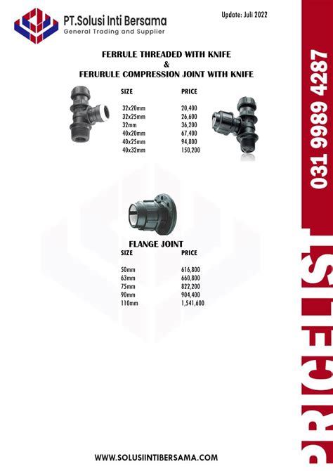 Pricelist Fitting HDPE Compression 2023 Surabaya PIPA HDPE PPR PVC