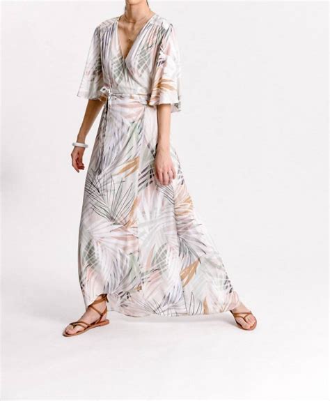 Buy Molly Bracken Printed Sunset Palm Wrap Dress In Beige Palm Beach