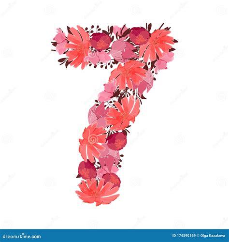 Vector Flower Number 7 Botanical Character Figure Stock Illustration