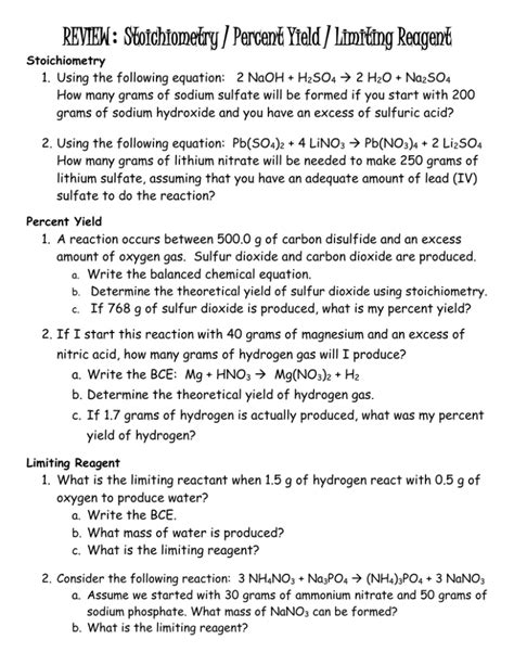 Stoichiometry Percent Yield Worksheets