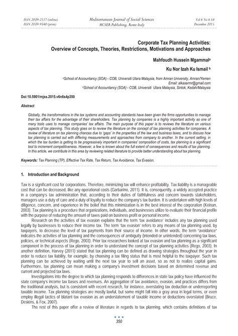 Corporate tax planning activities overview of concepts, theories