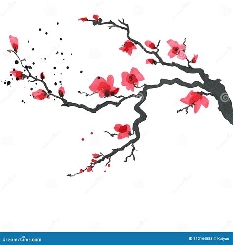 Sakura Tree in Japanese Style. Watercolor Hand Painting Illustration ...