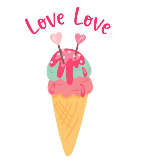 Illustration Of Ice Cream In A Pink And Mint Cone Candy Hearts With