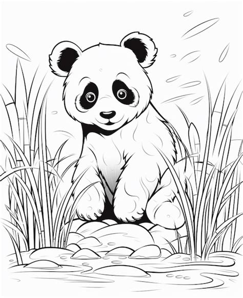 Un Dibujo En Blanco Y Negro De Un Oso Panda Sentado En Una Roca