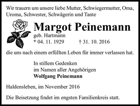 Traueranzeigen Von Margot Peinemann Geb Hartmann Abschied