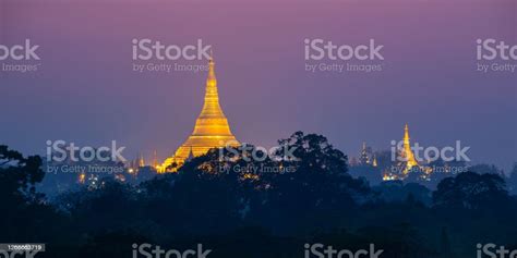 Panorama Of The Shwedagon Pagoda Illuminated At Night In Yangon Burma