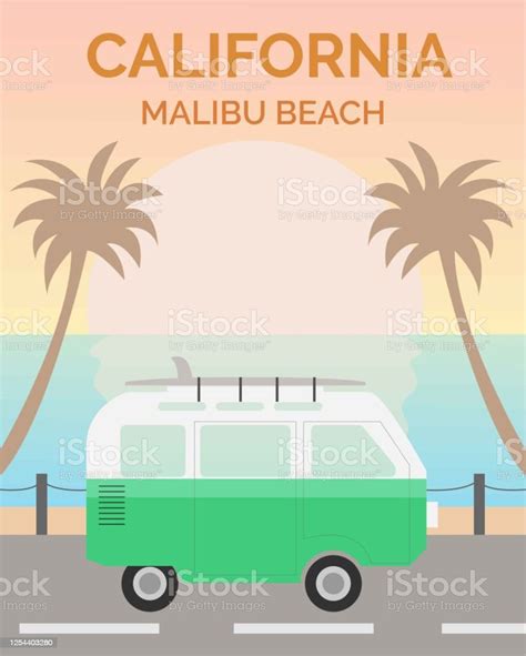 Poster Retro Dan Vintage Pantai Malibu California Ilustrasi Stok