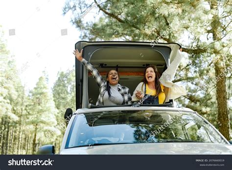 Delighted Multiethnic Lesbian Couple Travelers Tent Stock Photo 2076660019 Shutterstock