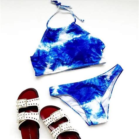 Blue Tie Dye Bikini High Neck Swimsuit Women 2016 Strappy Bikini