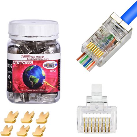 Rj45 Shielded Cat5 Cat6 Connector 8p8c End Pass Through Plugs Gold