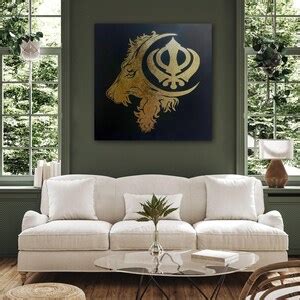 Sikh Khanda With Lion Sher Foil Art On Canvas Hand Made Sikh Art