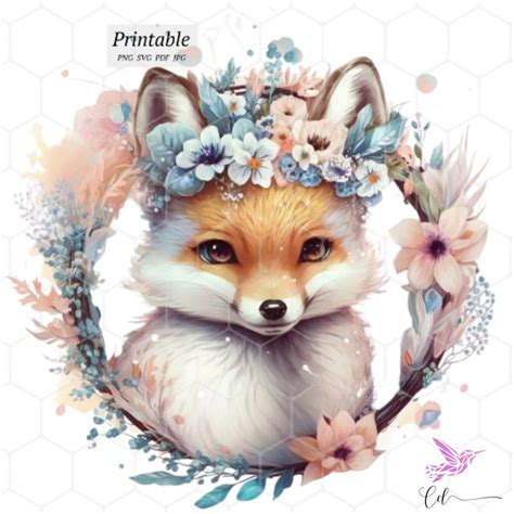 Floral Fox Digital Art Animal Design Printable Instant Download Clipart ...