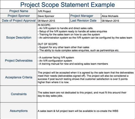 Project Scope Statement Example Program Management Statement Template Project Management